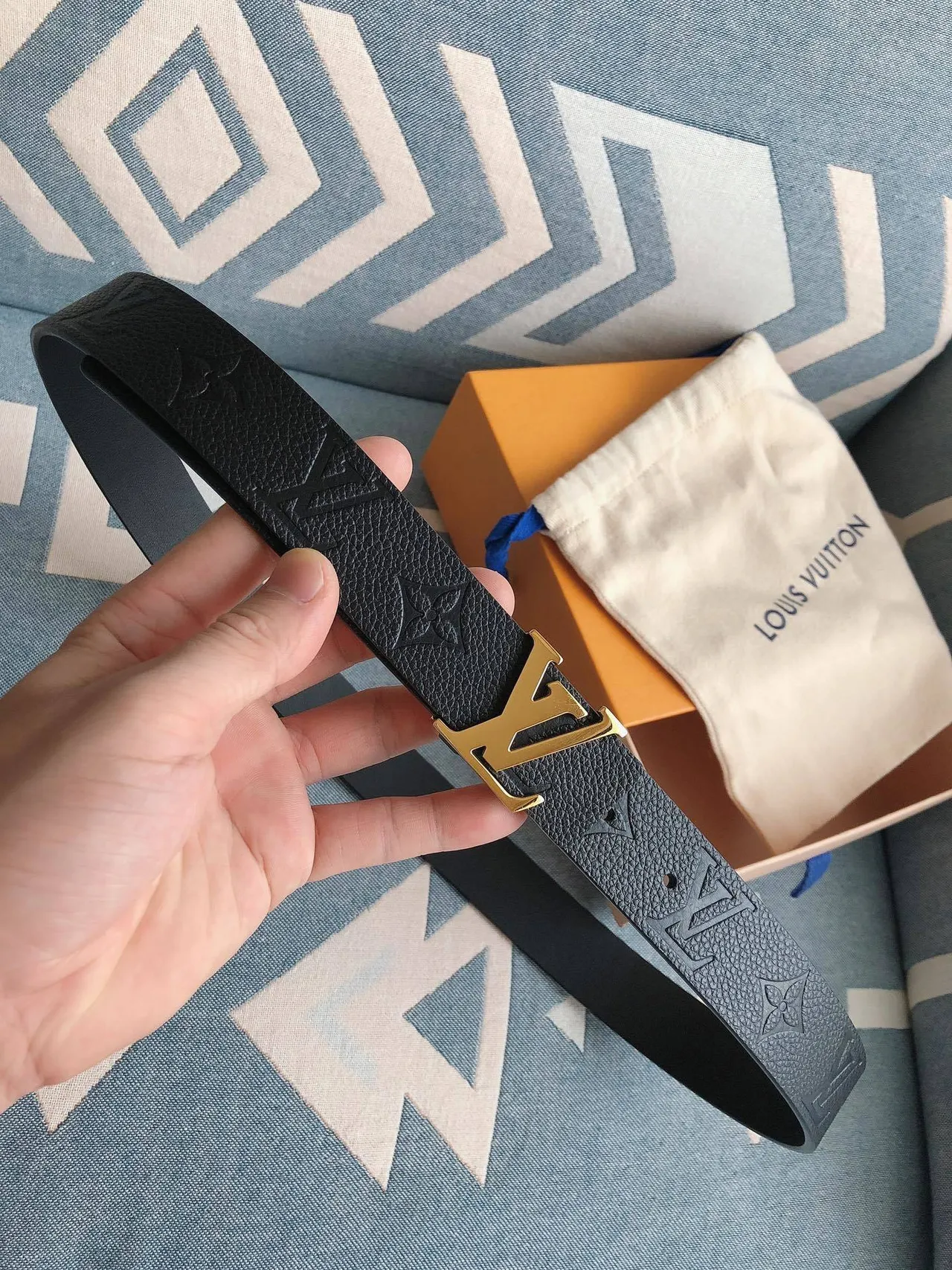 Louis Vuitton LV Belt Black Embossed Leather Gold-Tone Buckle Leather Belt 5