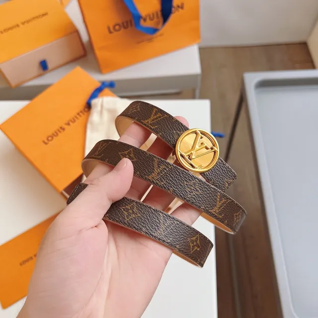 Louis Vuitton LV गोलाकार बेल्ट भूरा सोना मोनोग्राम कैनवास गोलाकार बकल लेदर बेल्ट 8