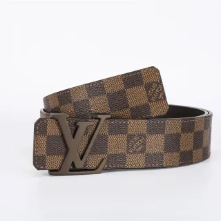 Louis Vuitton LV Initiales भूरा बेज डामियर एबेन चेकर्ड कैनवास बड़ी धातु बक़ल लेदर बेल्ट
