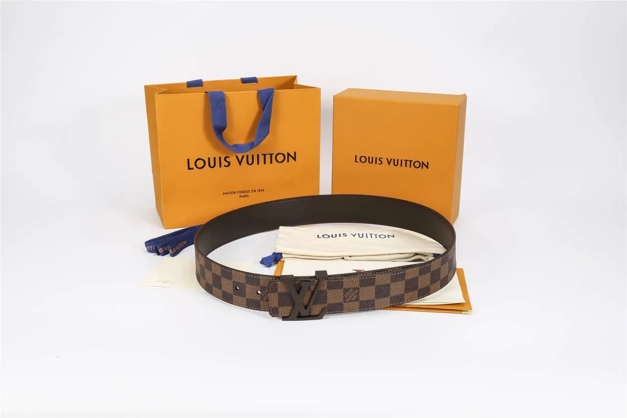 Louis Vuitton LV Initiales Brown Beige Damier Ebène Checkered Canvas Large Metallic Buckle Leather Belt 2