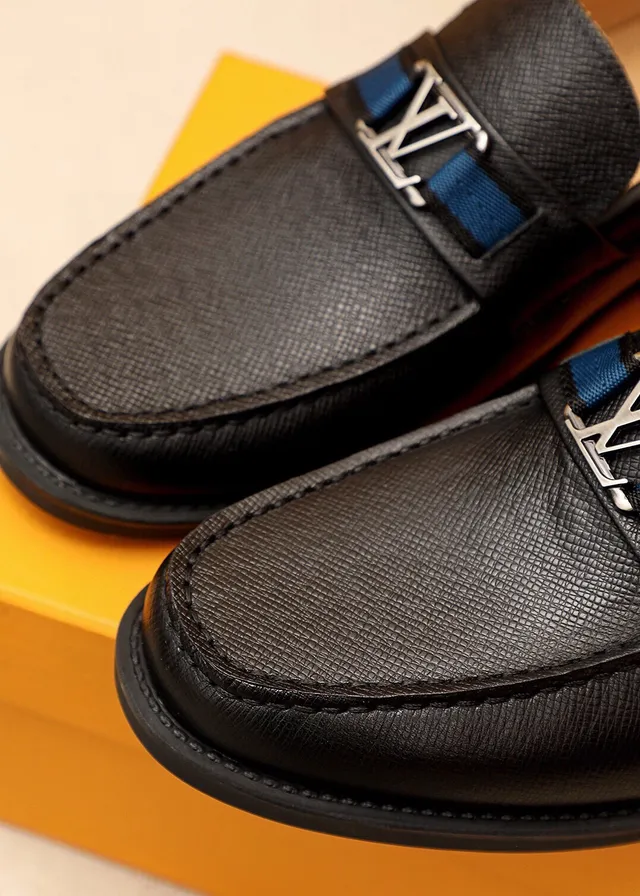 Louis Vuitton LV Loafer Black Navy Textured Leather Monogram Buckle Loafer 3