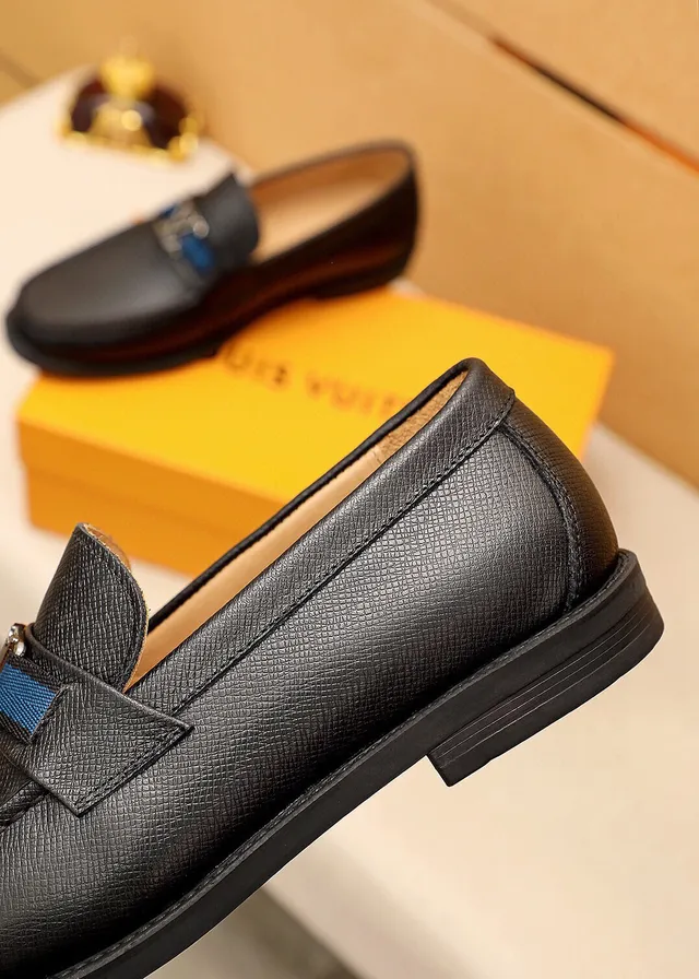 Louis Vuitton LV Loafer Black Navy Textured Leather Monogram Buckle Loafer 4
