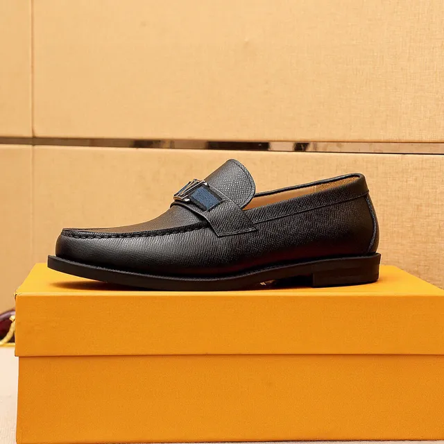 Louis Vuitton LV Loafer Black Navy Textured Leather Monogram Buckle Loafer 6