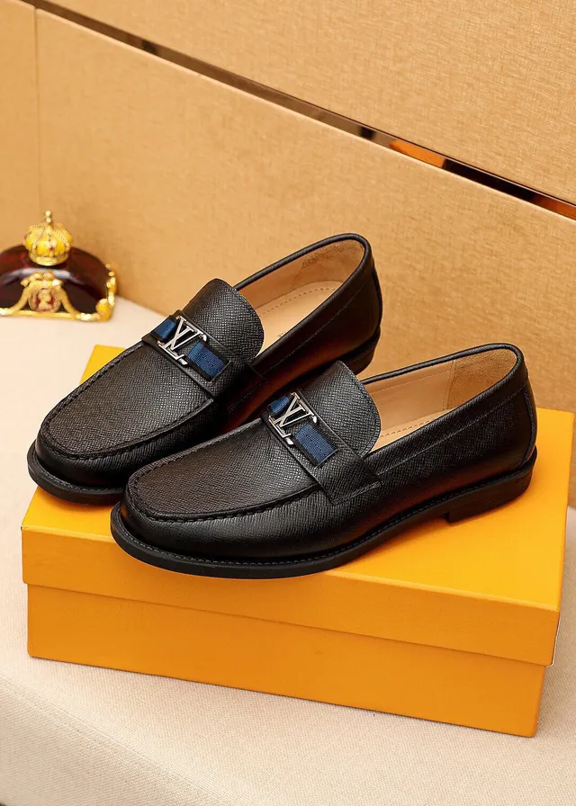 Louis Vuitton LV Loafer Black Navy Textured Leather Monogram Buckle Loafer 9