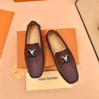 Louis Vuitton LV लोफर भूरी काली दानेदार चमड़ा धातु बकल स्ट्रैप लोफर