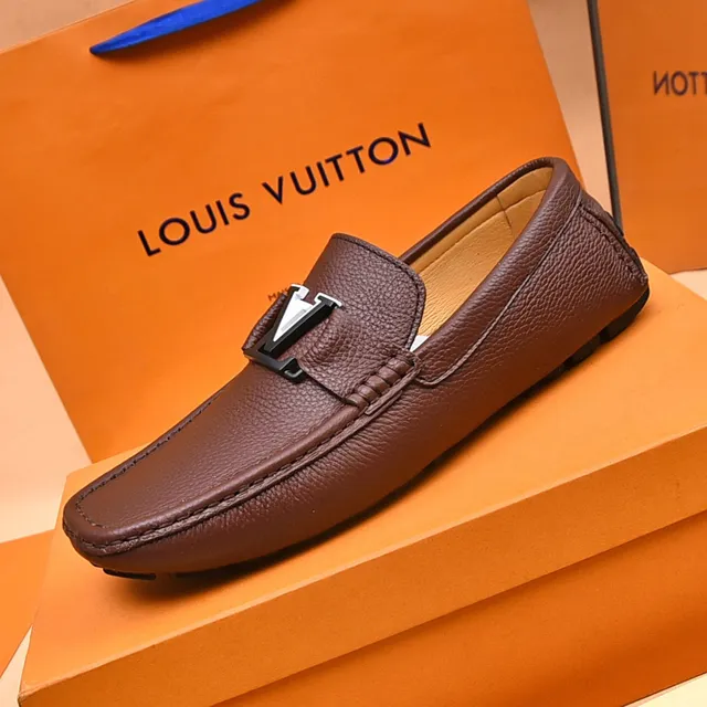 Louis Vuitton LV लोफर भूरी काली दानेदार चमड़ा धातु बकल स्ट्रैप लोफर 5