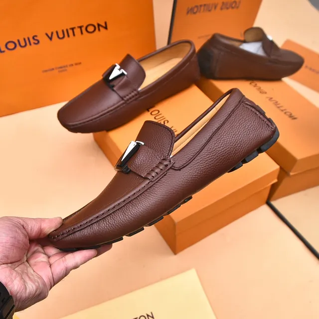Louis Vuitton LV लोफर भूरी काली दानेदार चमड़ा धातु बकल स्ट्रैप लोफर 7