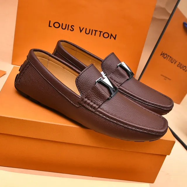 Louis Vuitton LV लोफर भूरी काली दानेदार चमड़ा धातु बकल स्ट्रैप लोफर 8
