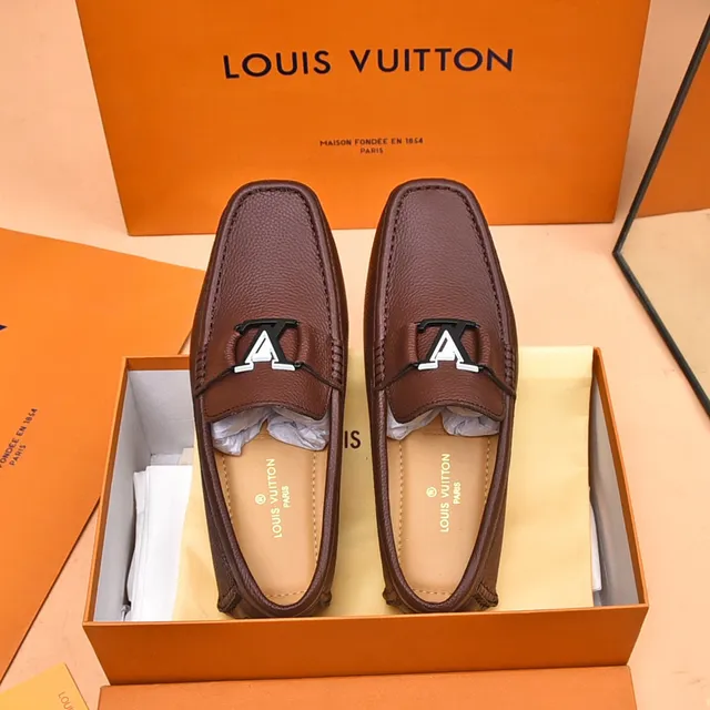 Louis Vuitton LV लोफर भूरी काली दानेदार चमड़ा धातु बकल स्ट्रैप लोफर 9