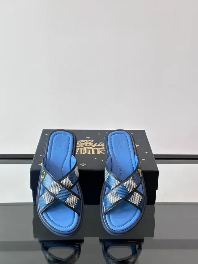 Louis Vuitton LV Slide Blue White Cross-Strap Woven-Check Slippers 6