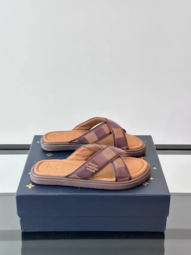 Louis Vuitton LV Slide Blue White Cross-Strap Woven-Check Slippers 12