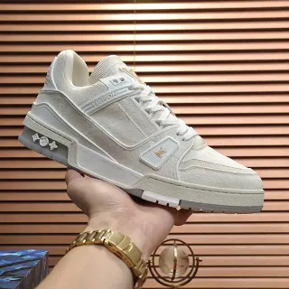 Louis Vuitton LV Trainer Beige Blanco Textil Parte superior multicapa Suela intermediaria Sneakers lifestyle