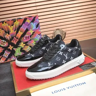 Louis Vuitton LV Trainer preto branco Monogram-Printed Mesh Glossy Patent Toe Cap Lifestyle Sneakers