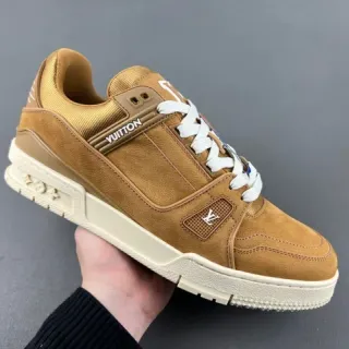 Louis Vuitton LV Trainer Brown Beige camurça e couro superior solado plataforma grossa tênis lifestyle