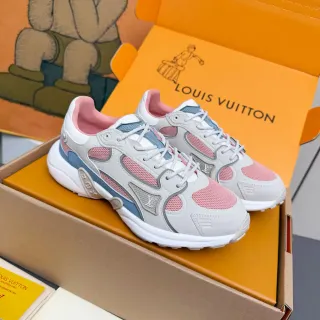 Louis Vuitton LV Trainer Gray Pink Multi-Panel Mesh And Leather Sculpted White Midsole Chunky Sneakers