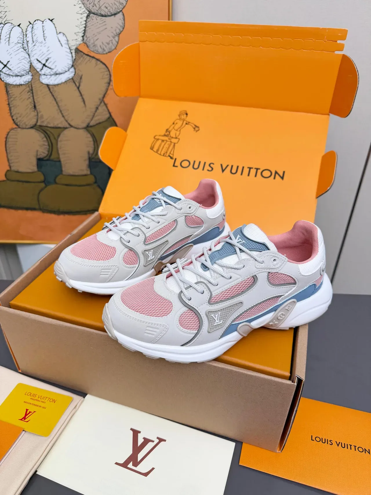 Louis Vuitton LV Trainer Gray Pink Multi-Panel Mesh And Leather Sculpted White Midsole Chunky Sneakers 2