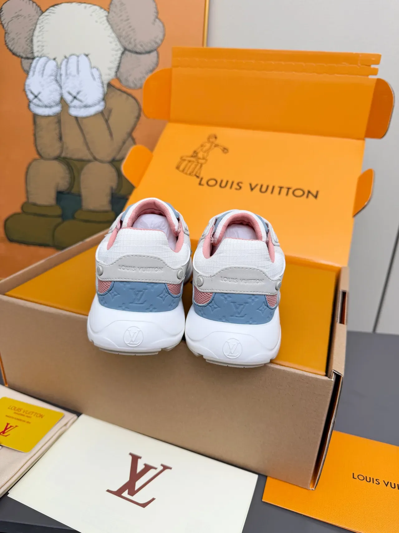 Louis Vuitton LV Trainer Gray Pink Multi-Panel Mesh And Leather Sculpted White Midsole Chunky Sneakers 3