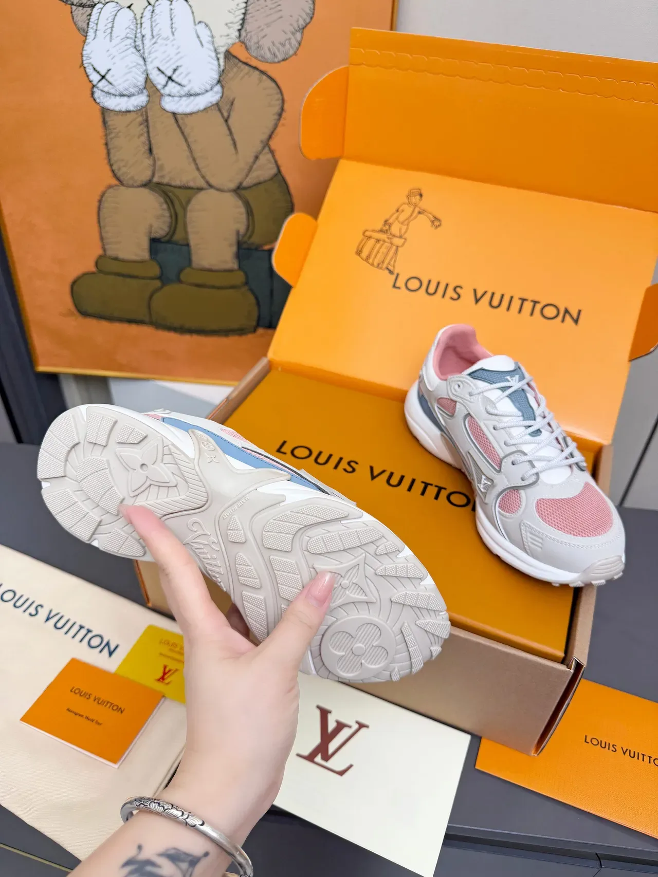 Louis Vuitton LV Trainer Gray Pink Multi-Panel Mesh And Leather Sculpted White Midsole Chunky Sneakers 4