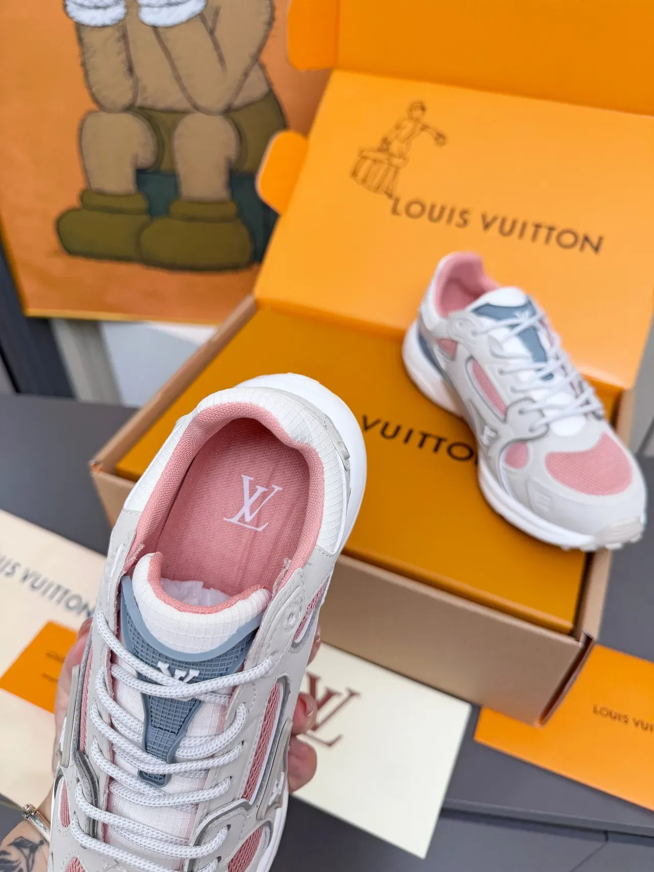 Louis Vuitton LV Trainer Gray Pink Multi-Panel Mesh And Leather Sculpted White Midsole Chunky Sneakers 5