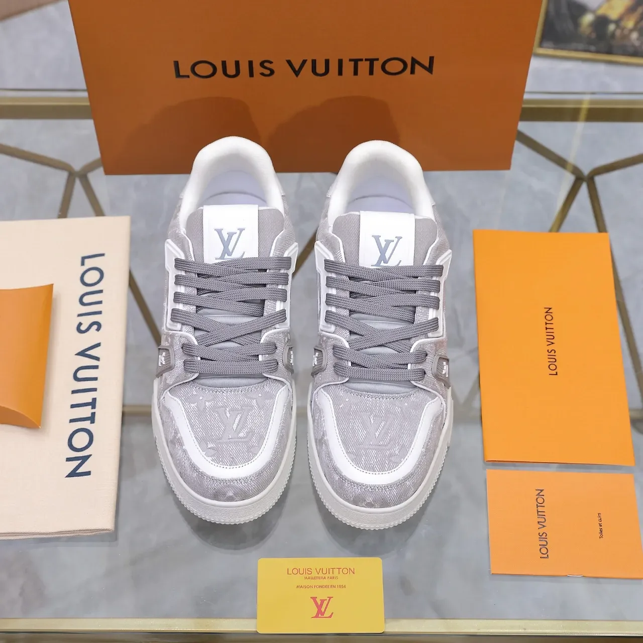 Louis Vuitton LV Trainer Gray White Monogram Jacquard Upper Layered Sole Lifestyle Sneakers 3
