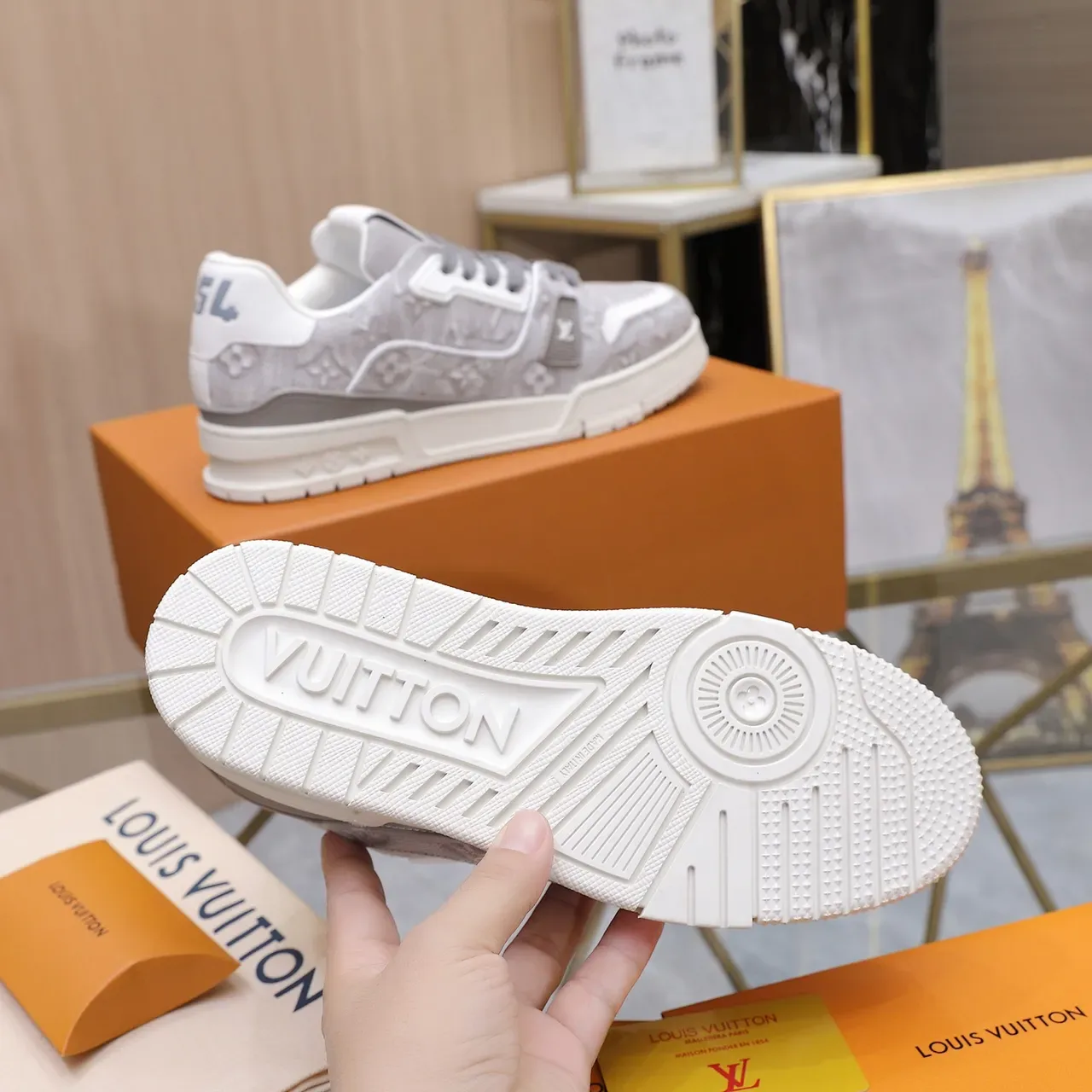 Louis Vuitton LV Trainer Gray White Monogram Jacquard Upper Layered Sole Lifestyle Sneakers 4