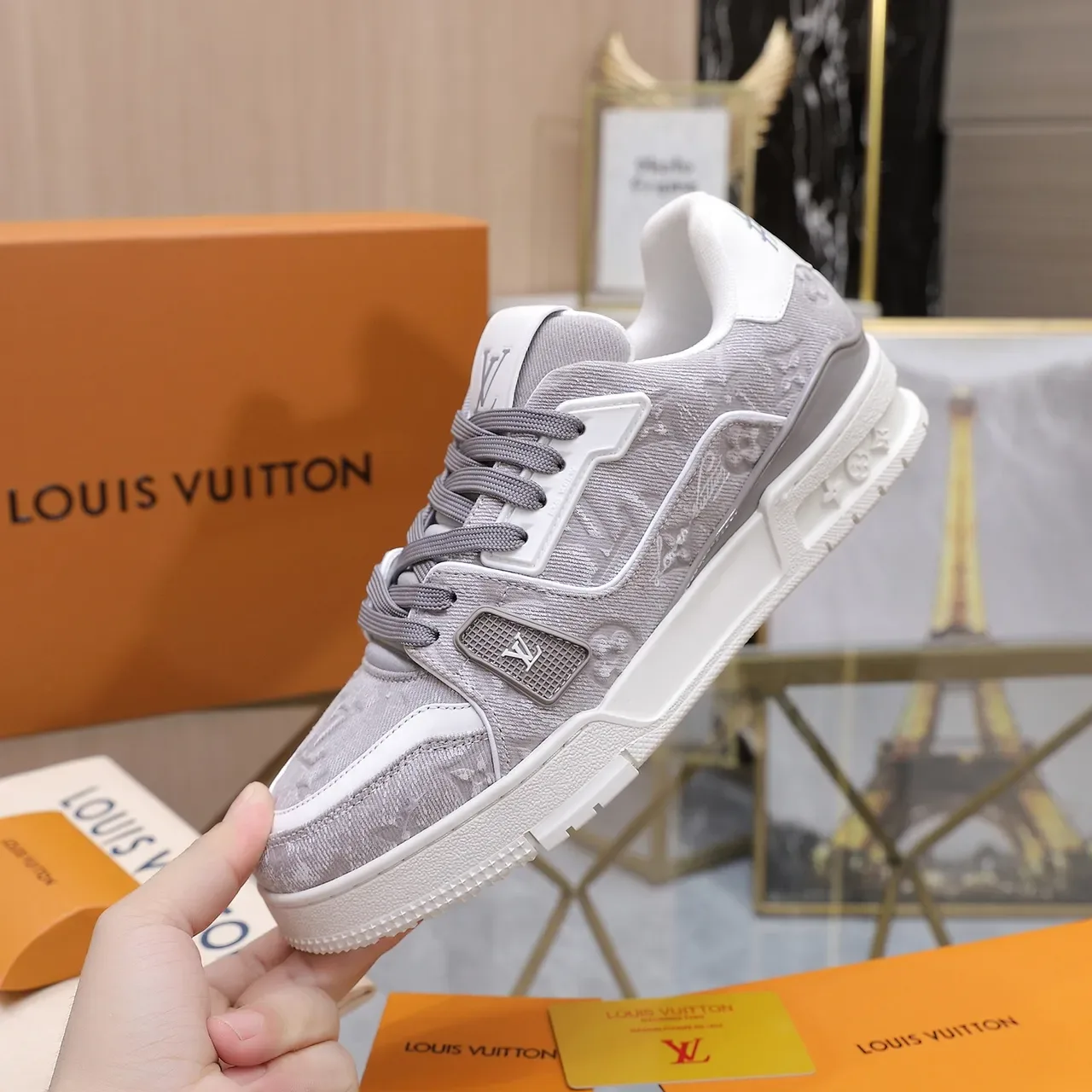 Louis Vuitton LV Trainer Gray White Monogram Jacquard Upper Layered Sole Lifestyle Sneakers 5