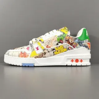 Louis Vuitton LV Trainer Multicolor Branco Impressão Cômica Superior Esculpido Planta Intermediária Sneakers Estilo de Vida