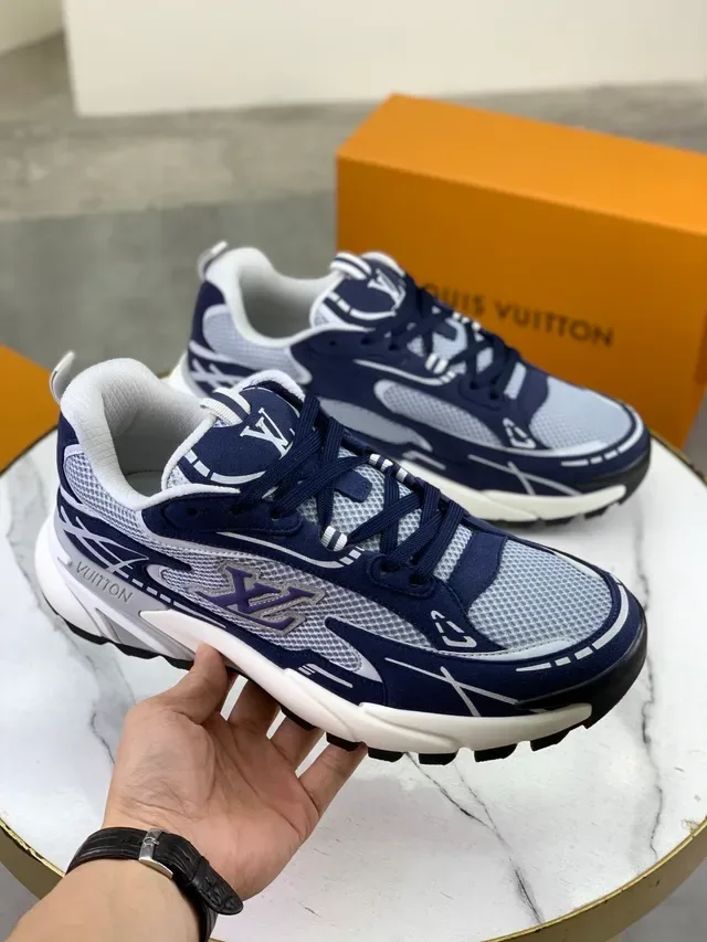 Louis Vuitton LV Trainer Navy White Chunky Sculpted Midsole Mesh Y Suede Overlay Lifestyle Sneakers 5
