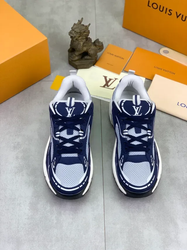 Louis Vuitton LV Trainer Navy White Chunky Sculpted Midsole Mesh Y Suede Overlay Lifestyle Sneakers 6
