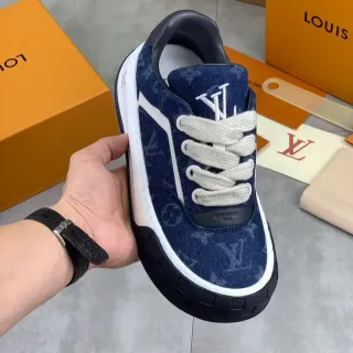 Louis Vuitton LV Trainer Zapatillas Navy White Monograma Denim Canvas Rayas Laterales Lifestyle Sneakers