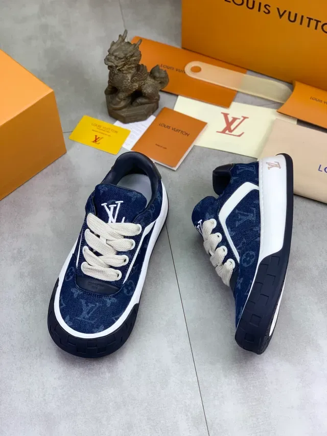 Louis Vuitton LV Trainer Navy White Monogram Denim Canvas Side Stripe Lifestyle Sneakers 6
