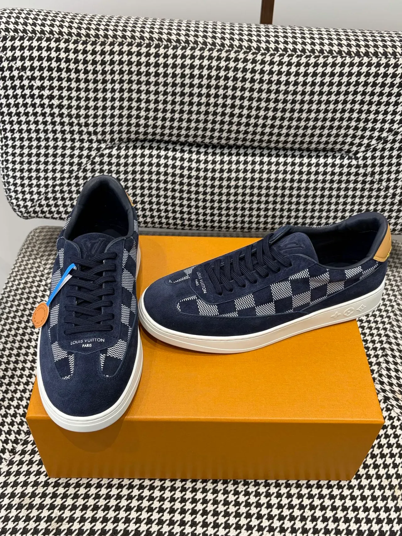 Louis Vuitton LV Trainer Navy White Suede Upper Checkerboard Jacquard Panel Lifestyle Sneakers 4