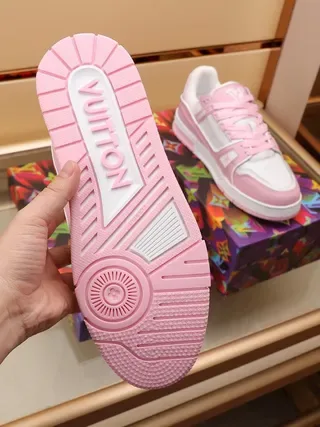 Louis Vuitton LV Trainer Pink White Layered Leather And Textile Upper Rectangular Logo Strap Lifestyle Sneakers 3