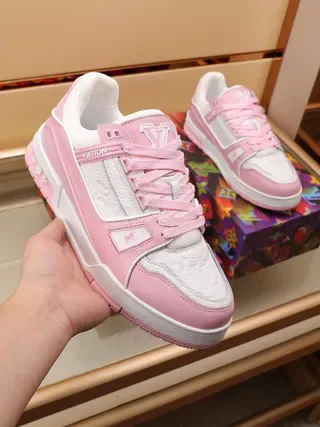 Louis Vuitton LV Trainer Pink White Layered Leather And Textile Upper Rectangular Logo Strap Lifestyle Sneakers 6