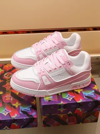 Louis Vuitton LV Trainer Pink White Layered Leather And Textile Upper Rectangular Logo Strap Lifestyle Sneakers 8