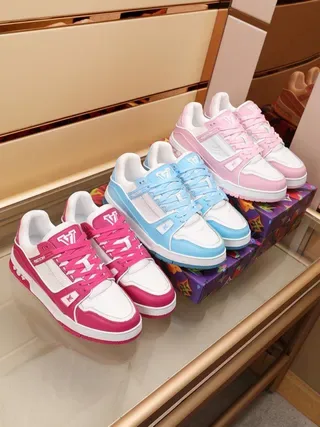 Louis Vuitton LV Trainer Pink White Layered Leather And Textile Upper Rectangular Logo Strap Lifestyle Sneakers 9