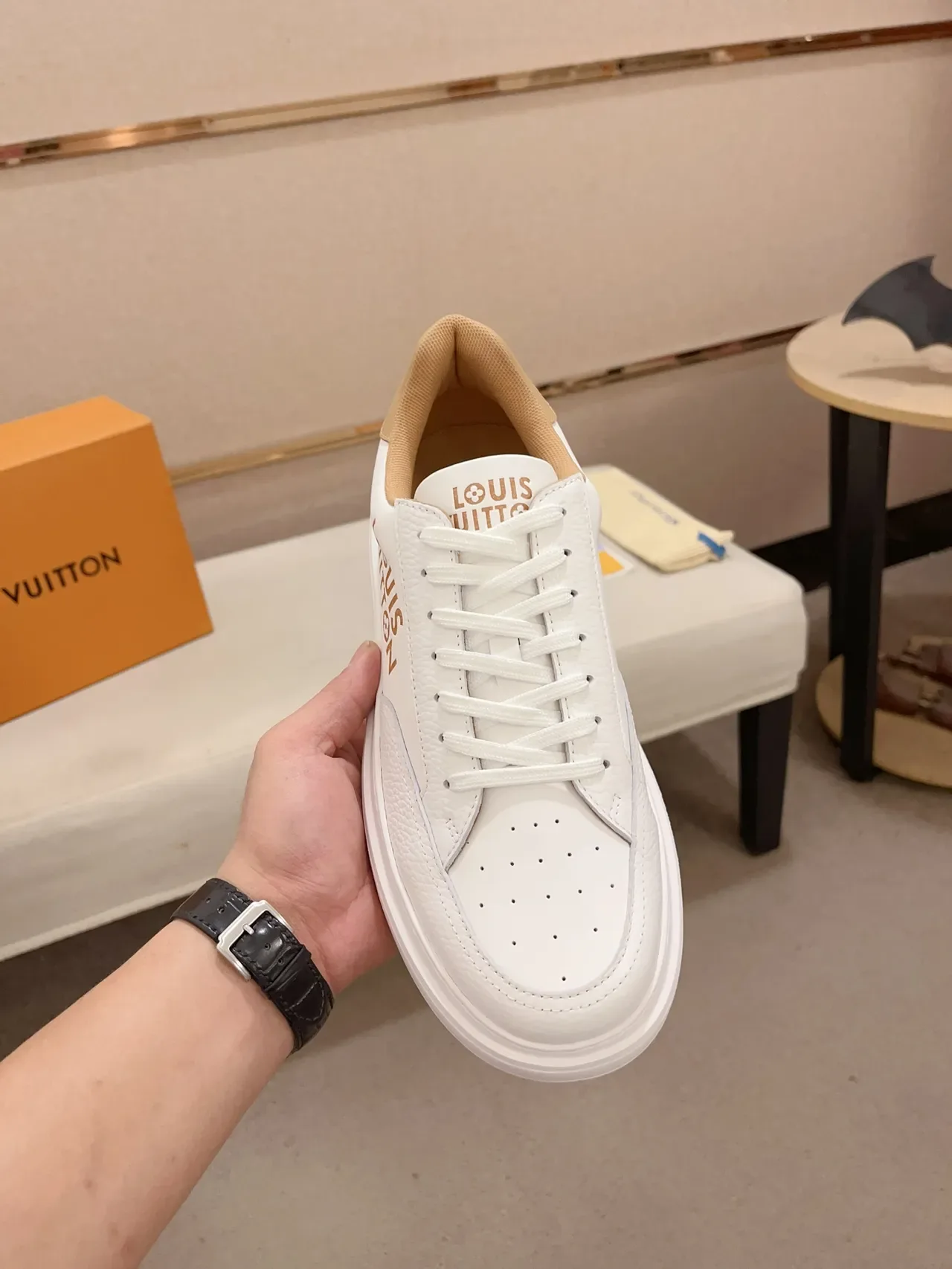 Louis Vuitton LV Trainer White Beige Leather Gold Logo Panel Lifestyle Sneakers 5