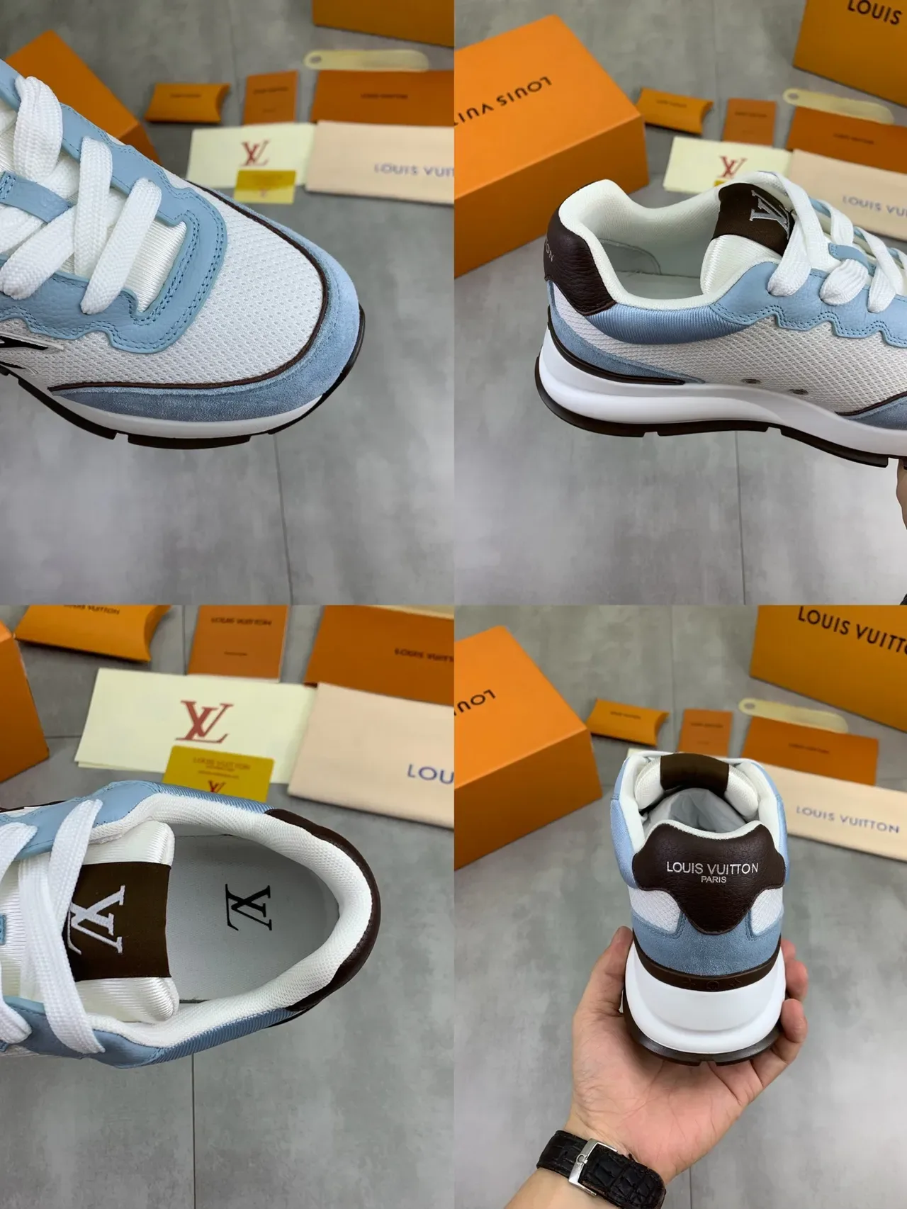 Louis Vuitton LV Trainer Branco e Azul Malha e Camurça Painel de Construção Detalhe de Sobreposição Ondulada Tênis Lifestyle 2