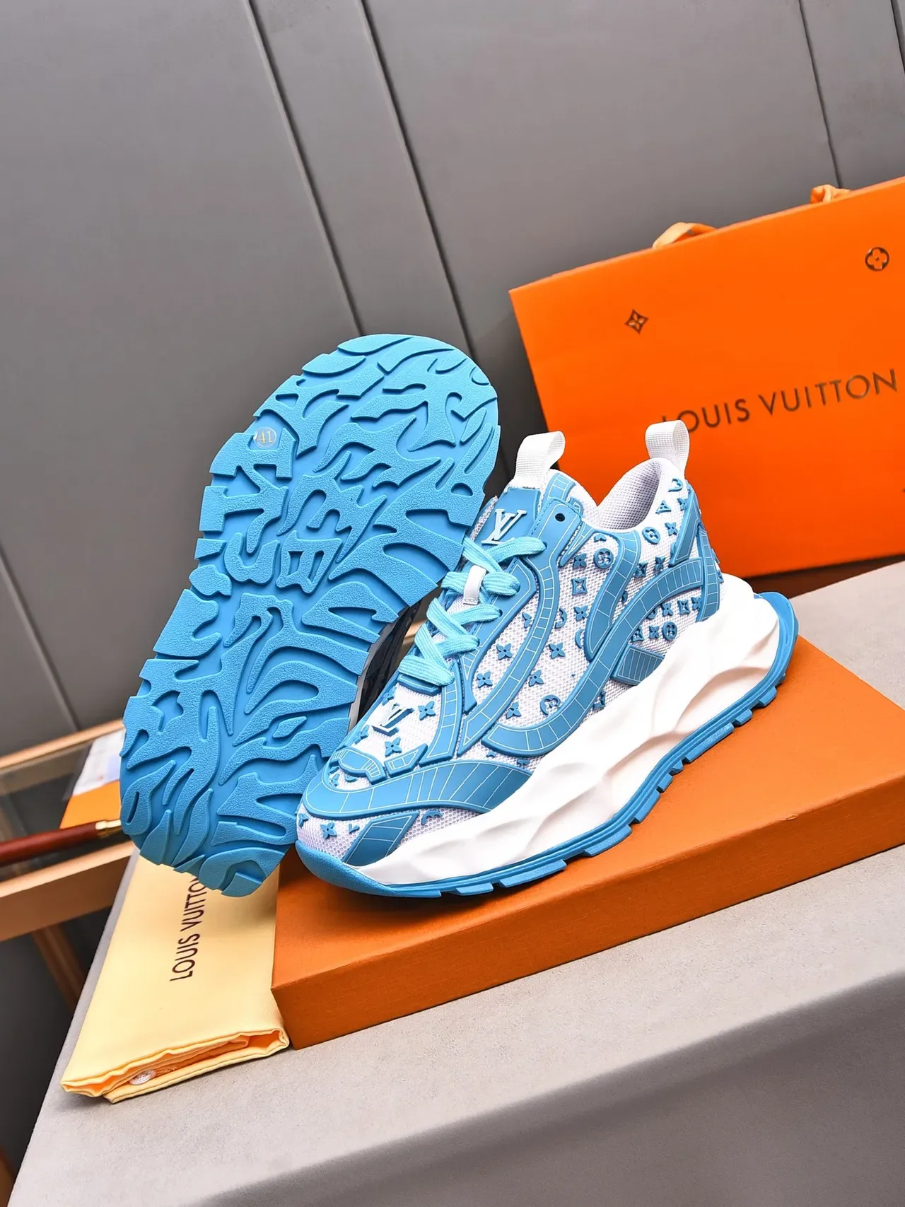 Louis Vuitton LV Trainer White Blue Monogram-Mesh Upper Molded Cage Overlay Chunky Sneakers 4