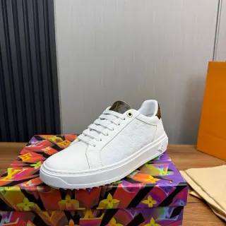 Louis Vuitton LV Trainer Branco Marrom Couro Superior Monogram Etiqueta de Calcanhar Sneakers de Estilo de Vida