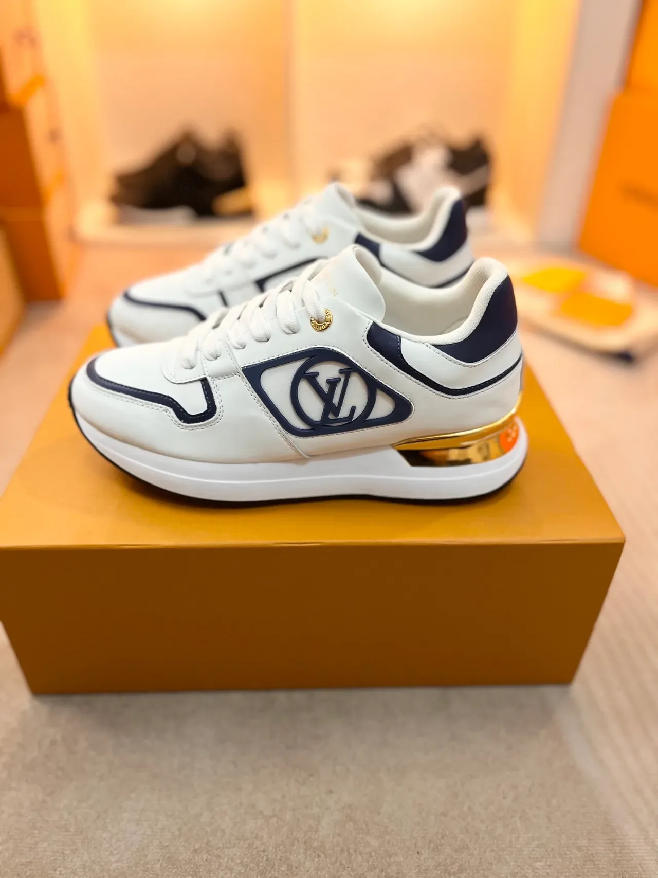 Louis Vuitton LV Trainer Sneakers Lifestyle blanc marine cuir haut panneau monogramme bleu 5
