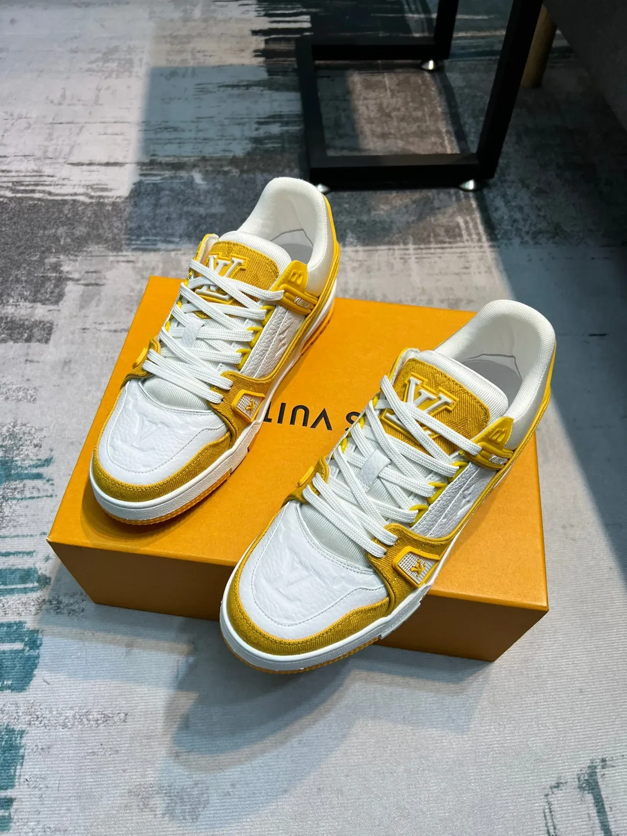 Louis Vuitton LV Trainer Yellow White Monogram-Embossed Leather Contrast-Color Strap Detail Lifestyle Sneakers 6