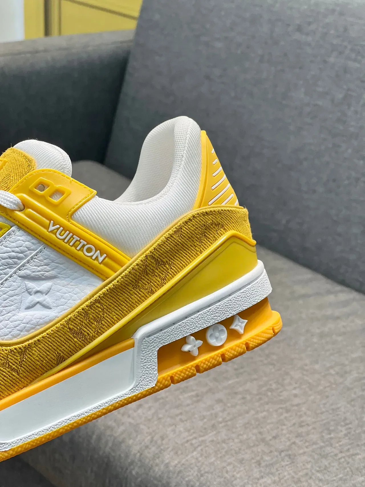 Louis Vuitton LV Trainer Yellow White Monogram-Embossed Leather Contrast-Color Strap Detail Lifestyle Sneakers 9