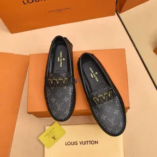 Louis Vuitton LV W Mocasín Negro Dorado Monograma Cuero Logo Mocasín