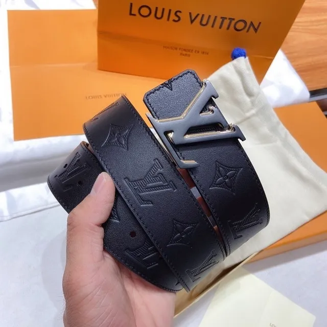 Louis Vuitton Monogram Cinto de couro preto prata con fivela de metal de trava por giro 7