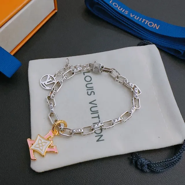 Louis Vuitton Monogram سلسلة فضية وردية رابطة سميكة منحوتة سوار 3