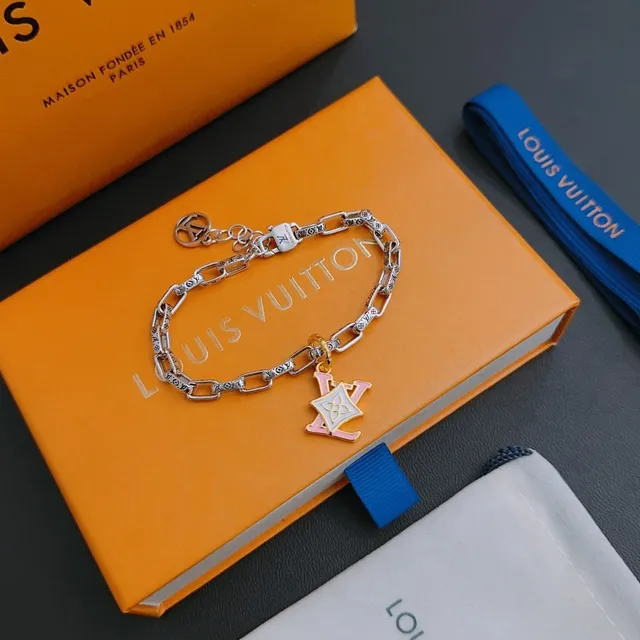 Louis Vuitton Monogram سلسلة فضية وردية رابطة سميكة منحوتة سوار 4