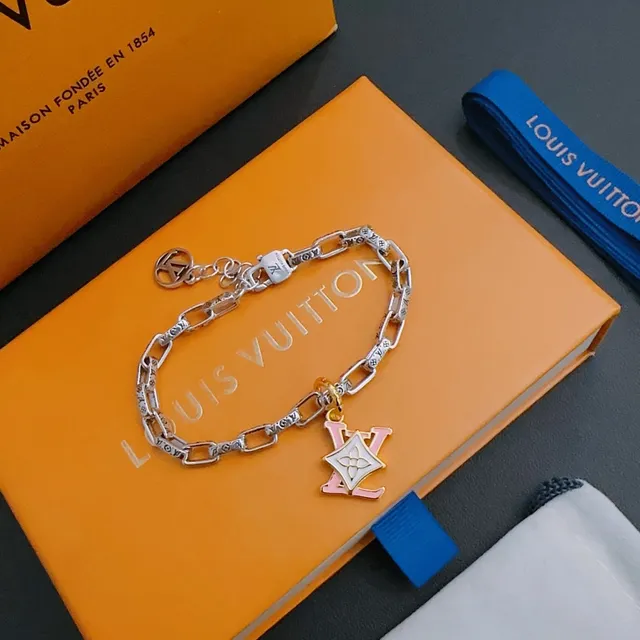 Louis Vuitton Monogram سلسلة فضية وردية رابطة سميكة منحوتة سوار 9