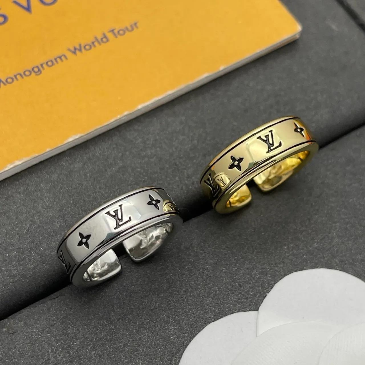 Louis Vuitton Monogram Ring Silver Black Wide Band Engraved Ring 2