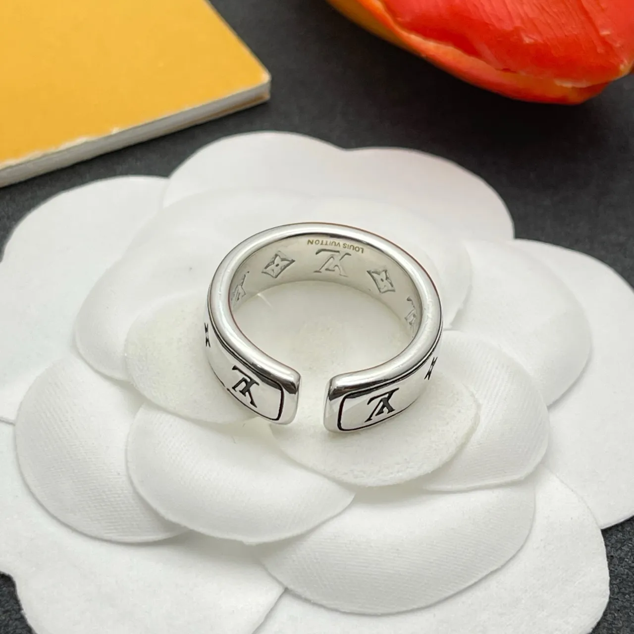 Louis Vuitton Monogram Ring Silver Black Wide Band Engraved Ring 3